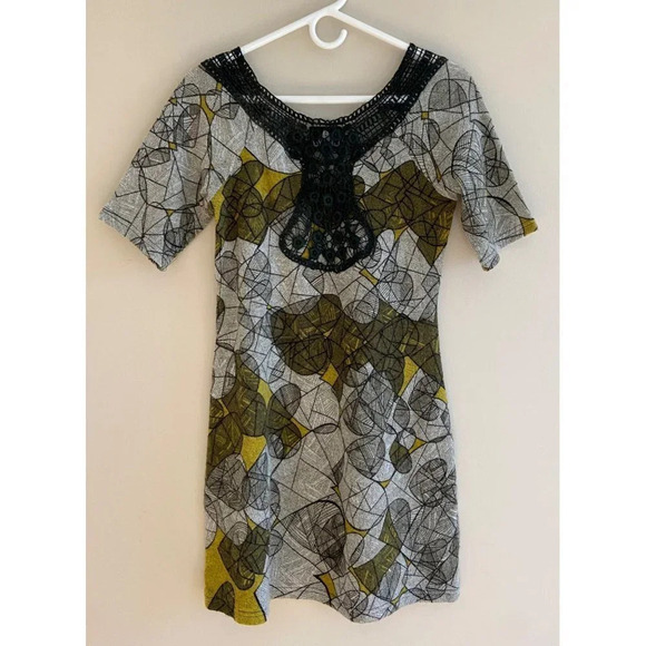 Angie Printed Fall Boho Sweater Dress with Crochet Neckline Size Small - Picture 3 of 11